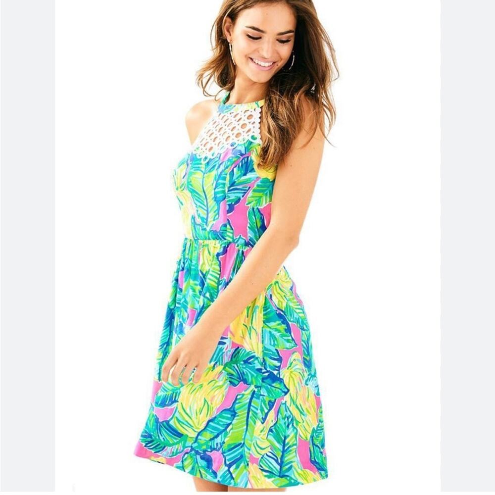 Lilly Pulitzer kinley dress sunset local flavor print eyelet lace high neck sz 0